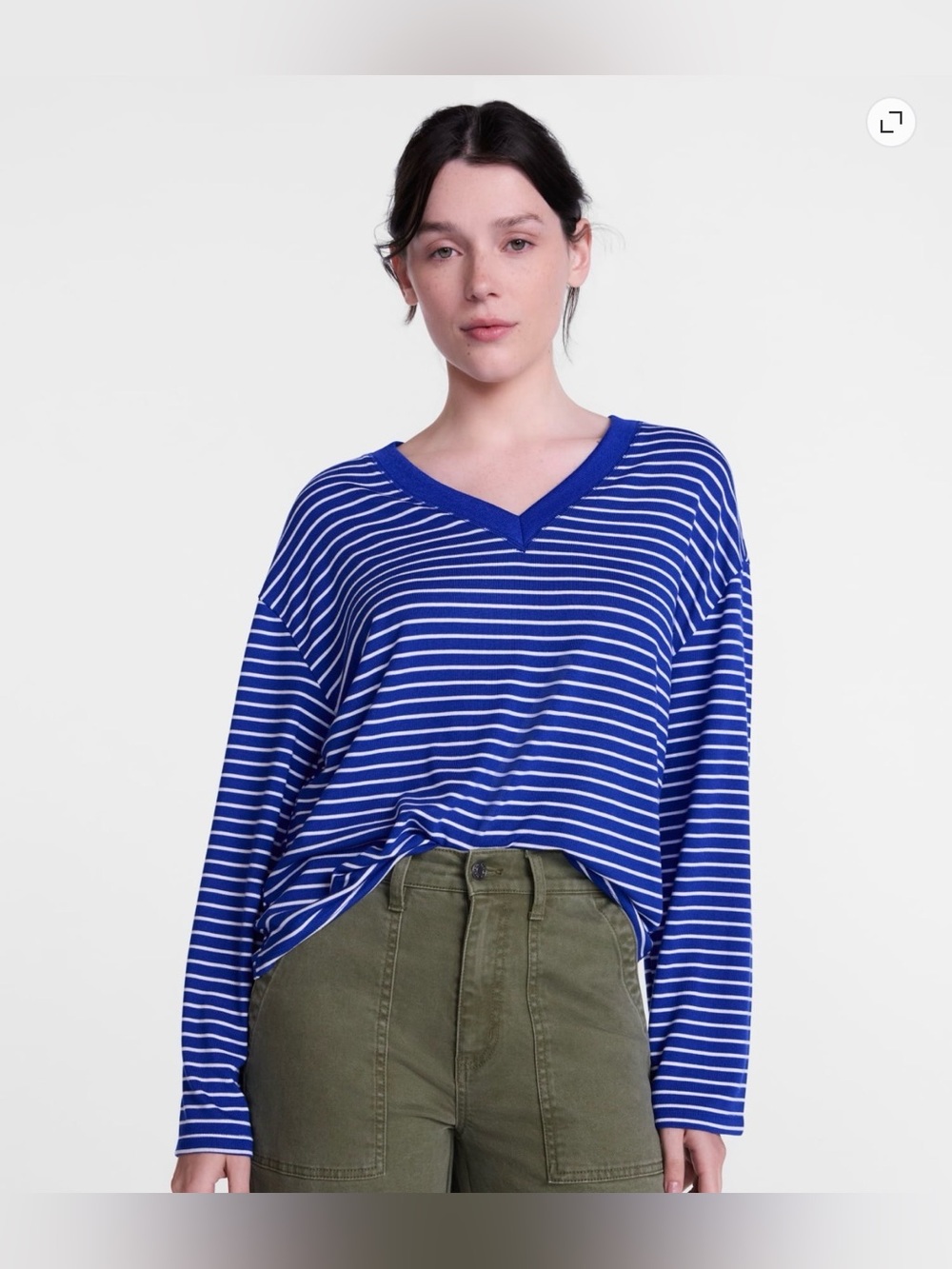 P6 Scenario Blue & White Striped V-Neck Long Sleeve Top – Size XL